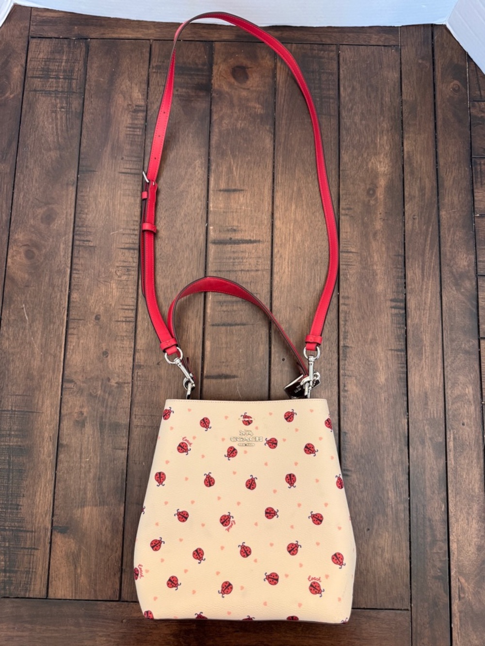 Coach C Mini Town Bucket Bag Ladybug Floral Print Red White Y2K - Picture 5 of 16